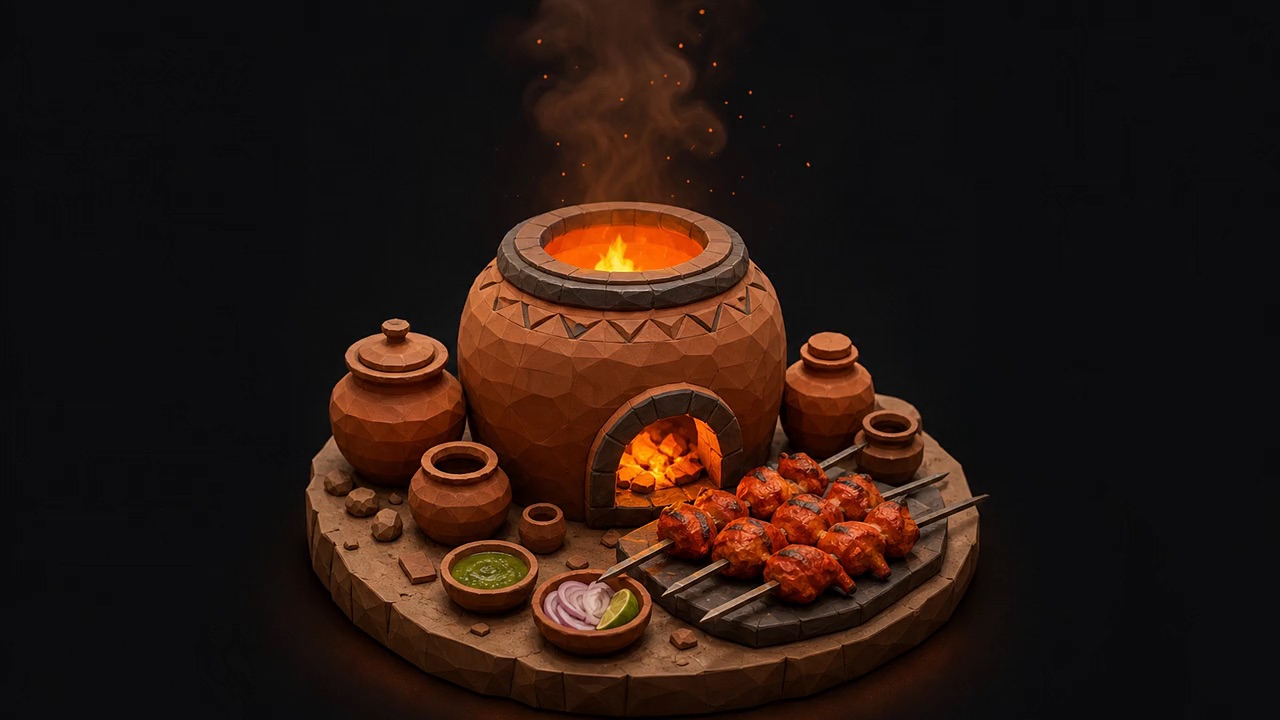 Glowing clay tandoor oven with skewers resting beside it