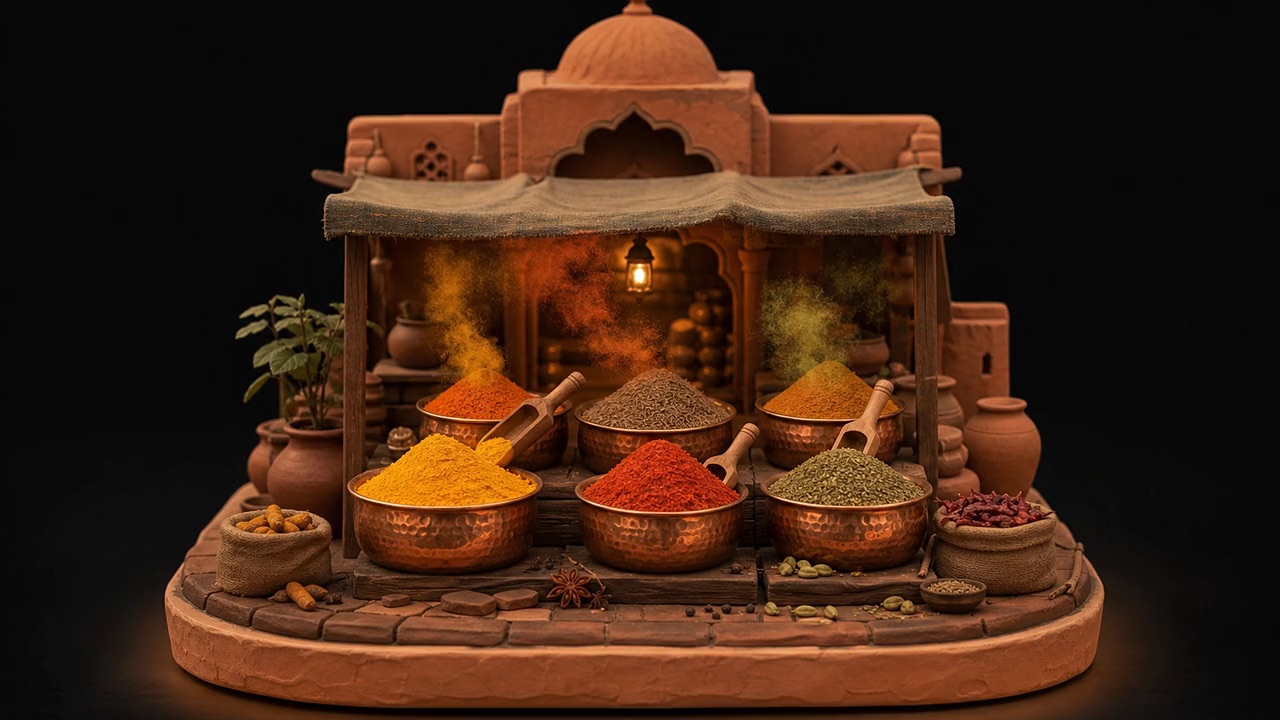 Miniature spice market stall with copper bowls of turmeric, chilli and cardamom