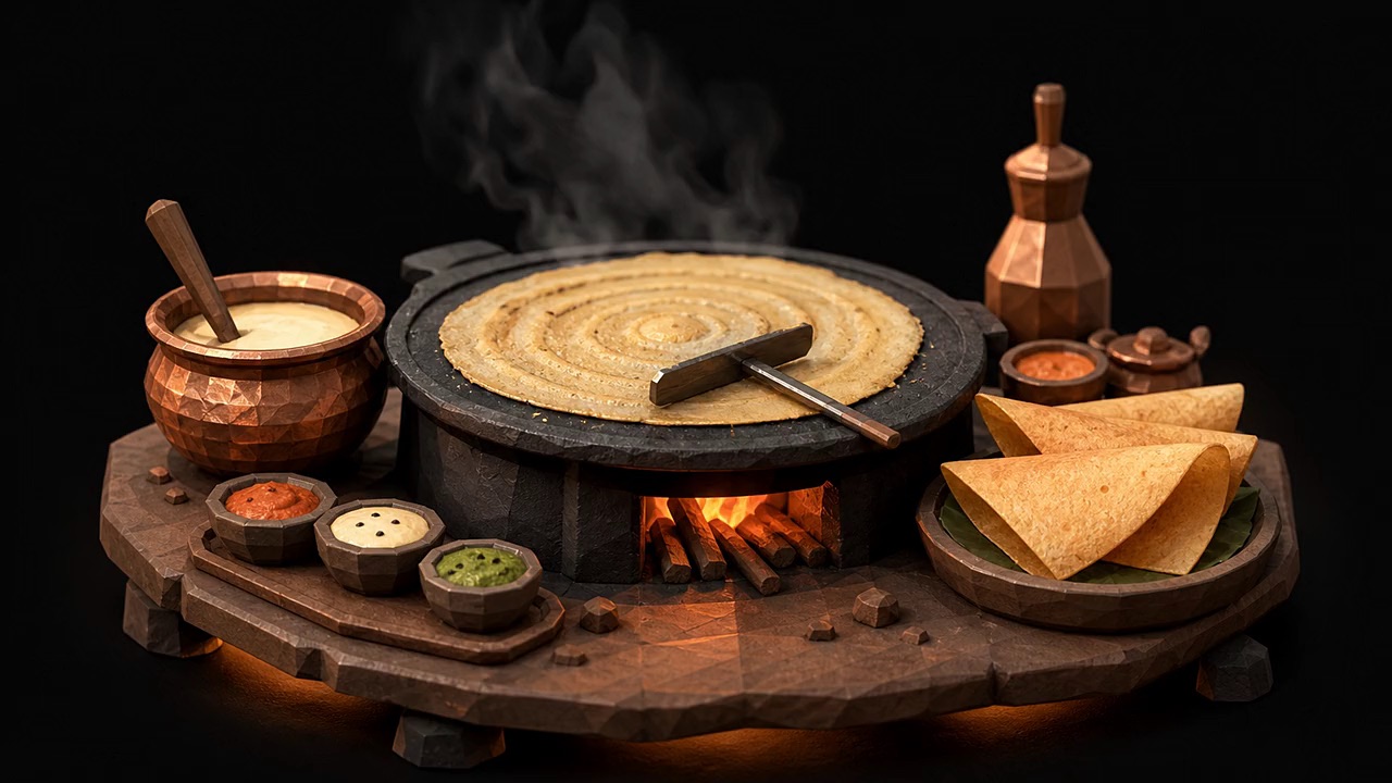 Dosa spreading on a hot cast-iron griddle with steam rising
