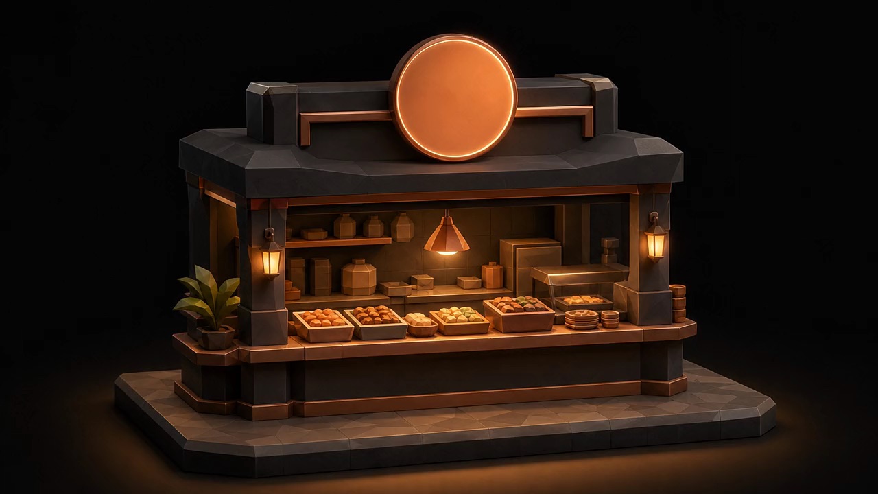 Miniature diorama of the Spice Brothers food-court outlet with its glowing copper sign