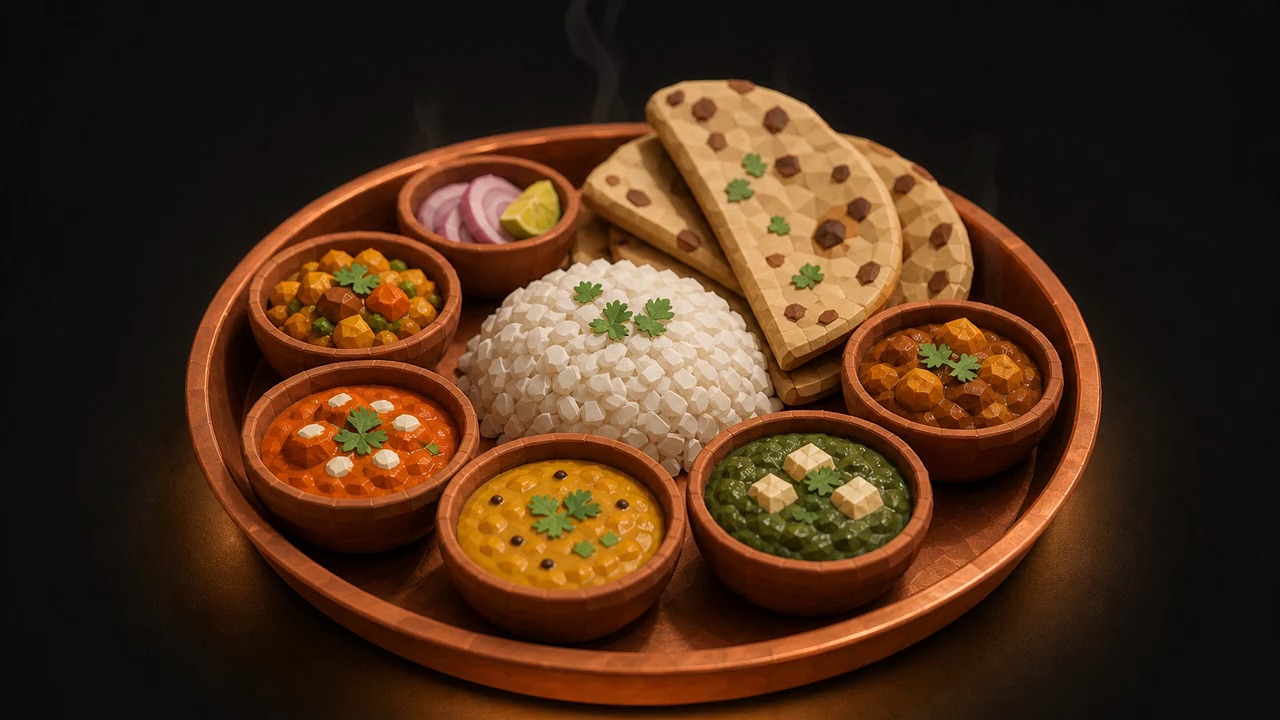 Thali platter with clay bowls of curries, rice and naan